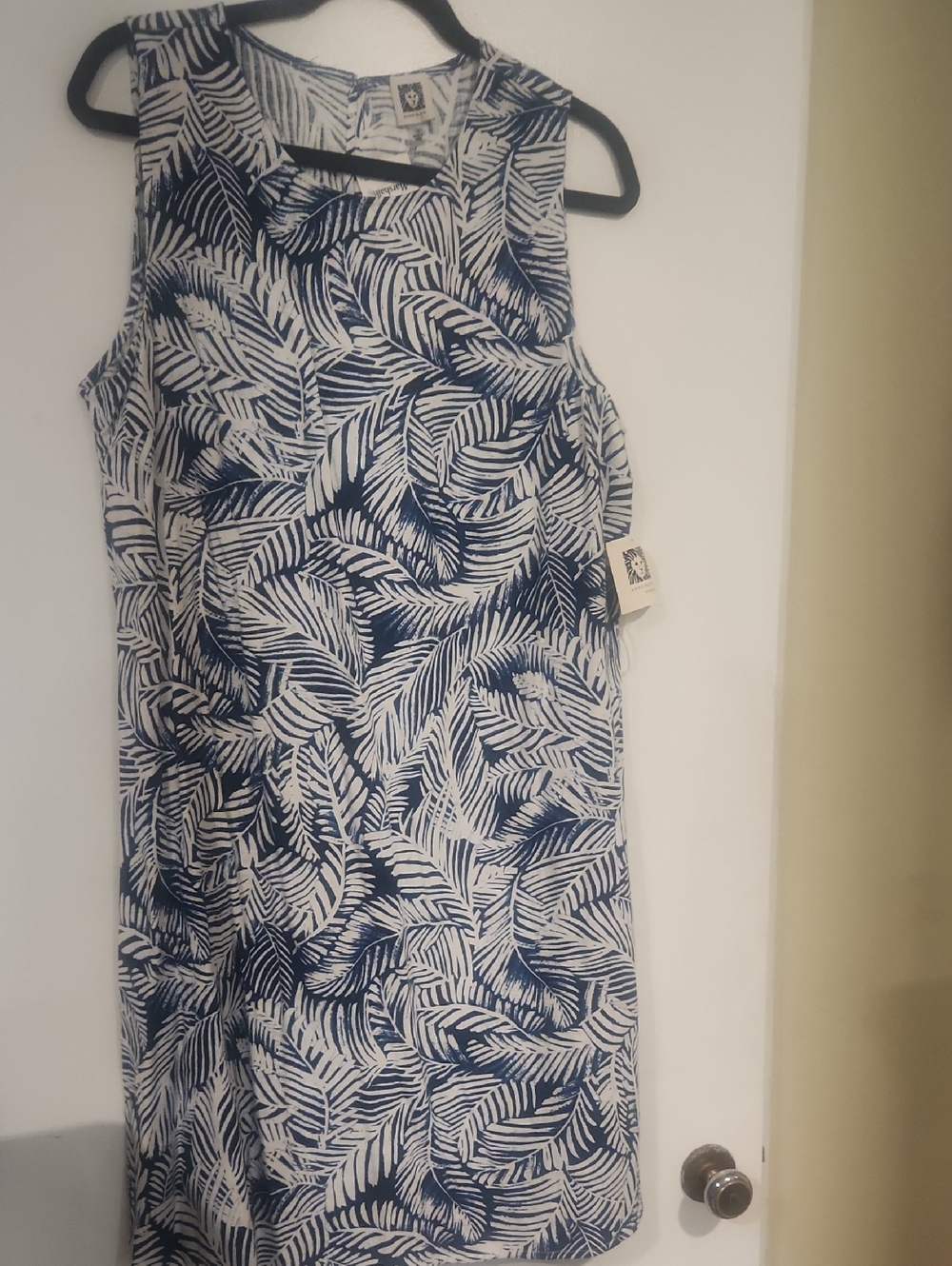 Anne Klein Navy and White Leaf-Print Midi Dress